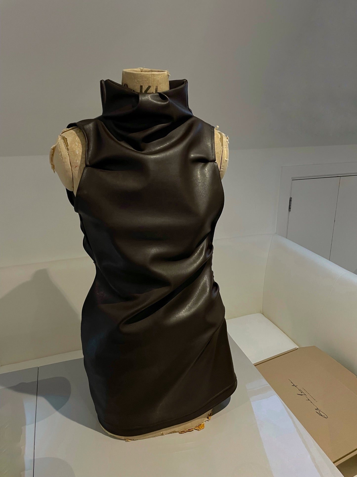 Brown faux leather mini dress